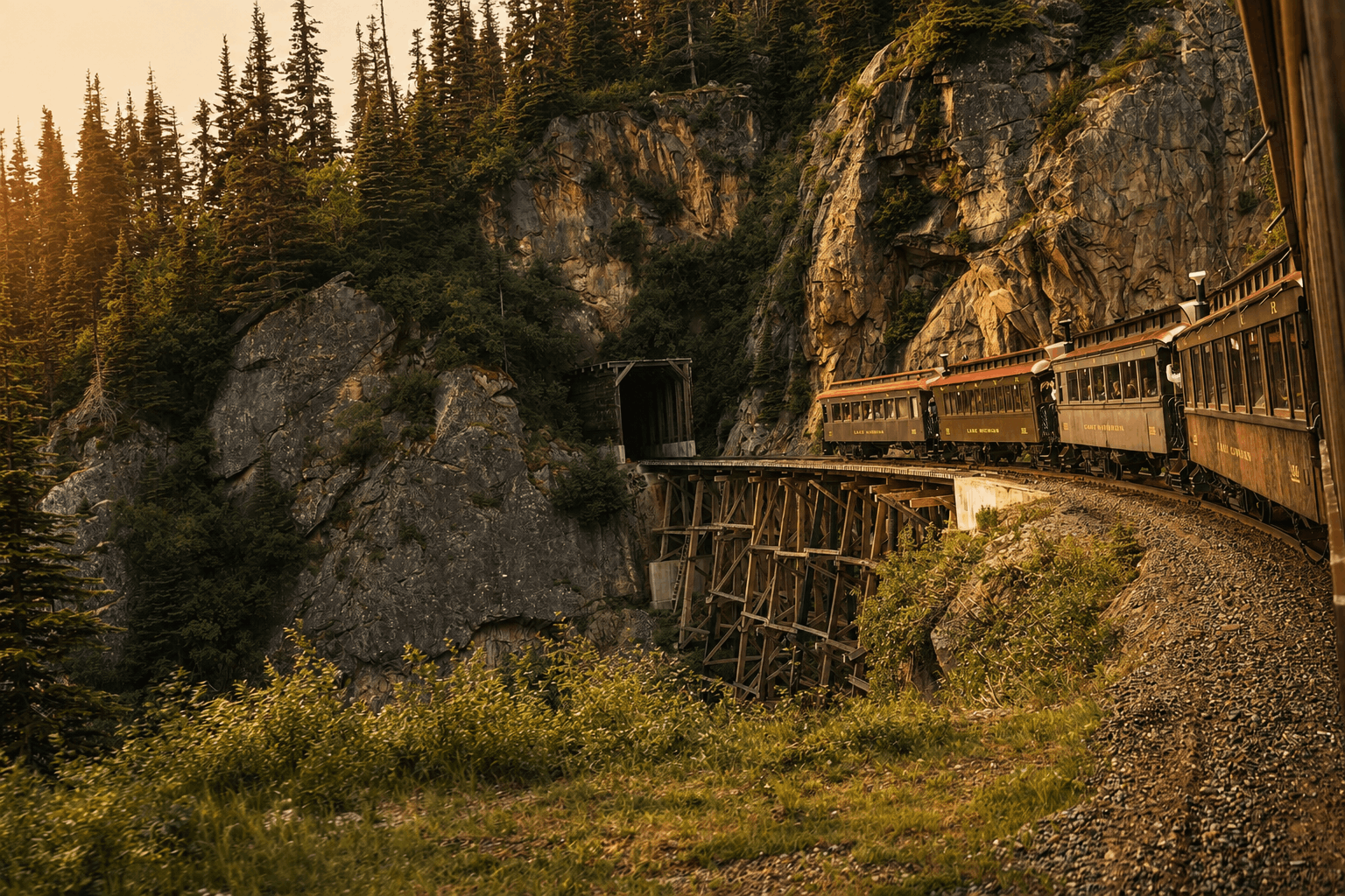 The White Pass & Yukon Route train crossing a wooden trestle through the mountains above Skagway
